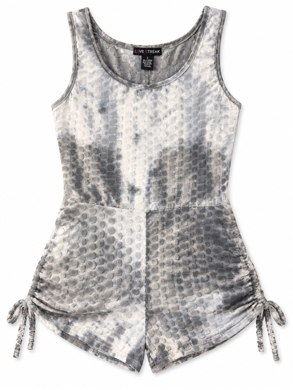 Love Streak Women's Gray Tie-Dye Tank Romper with Side Ruching